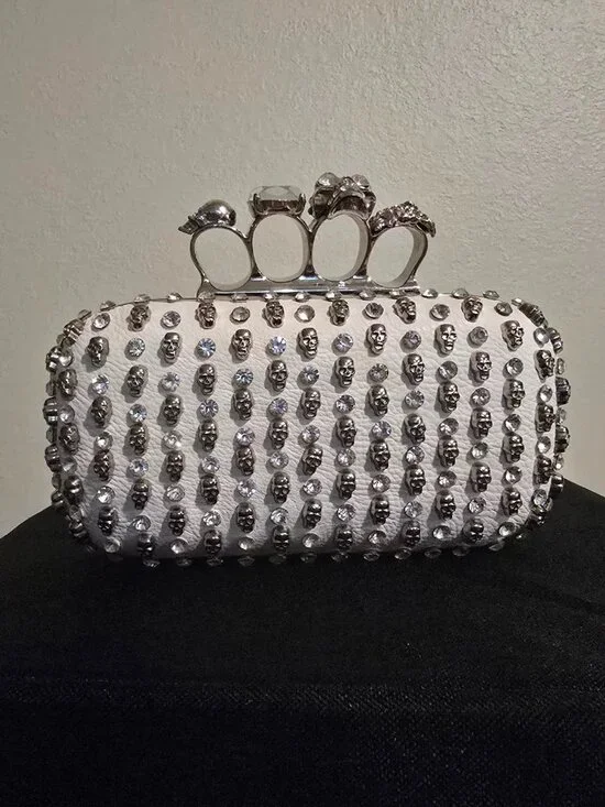 2000s White Skull and rhinestone clutch with four-ring knuckle clasp - Picture 1 of 11